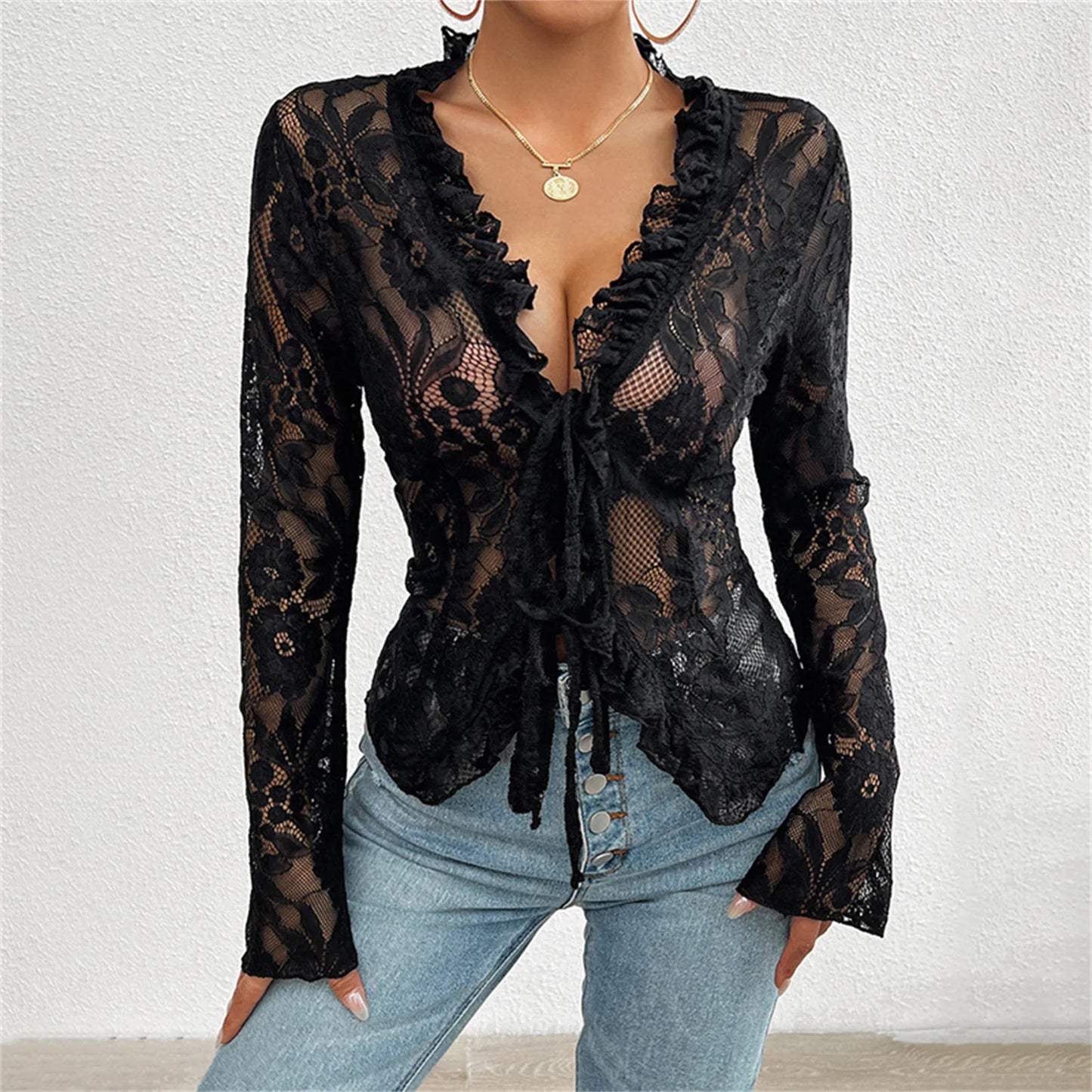 Sexy Women Mesh Lace T-Shirts Long Sleeve Tops Transparent Casual Sheer Basic Tie Front Shirt Blouses for Club Aesthetic Clothes