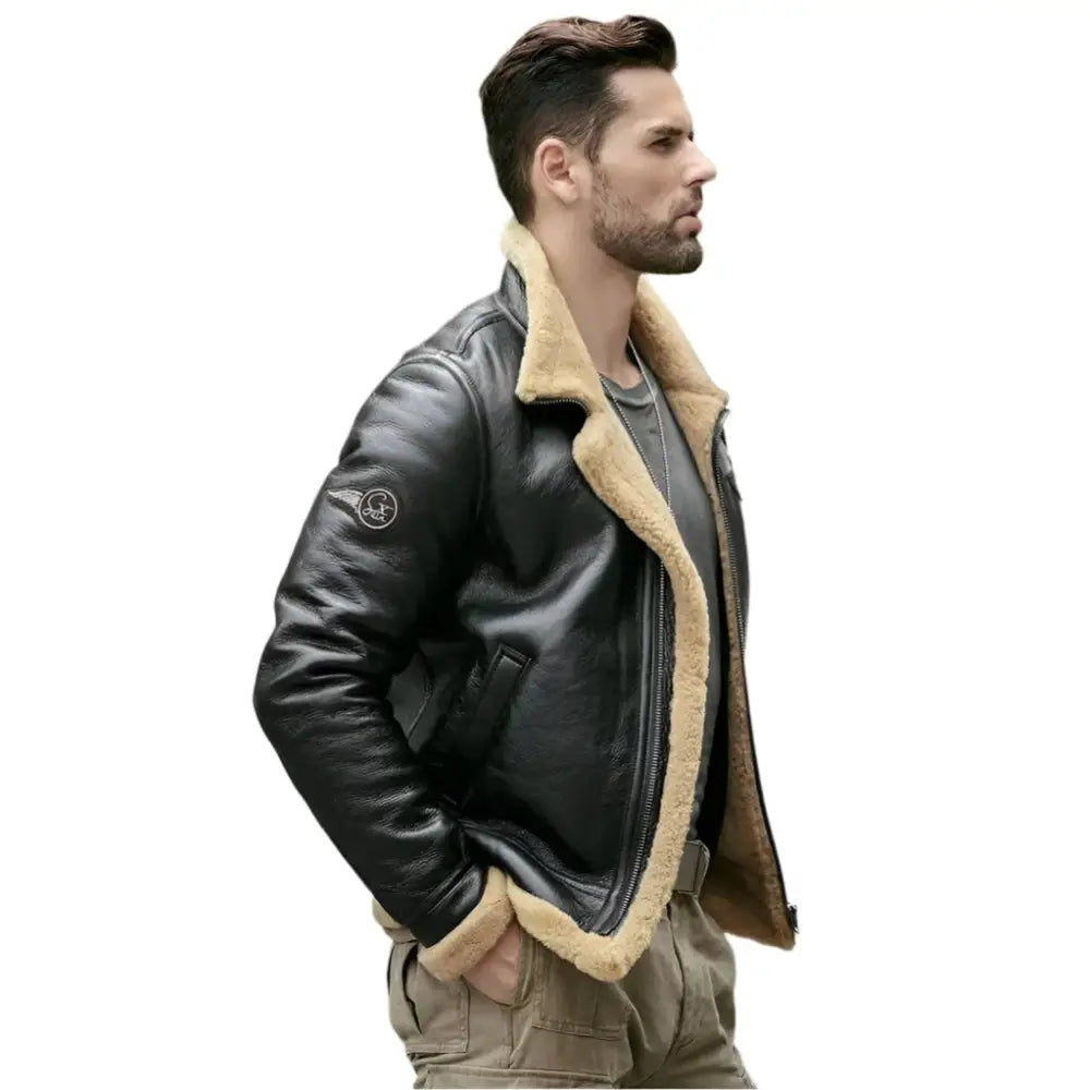 Mens Black B3 Shearling Motorcycle Jacket-2