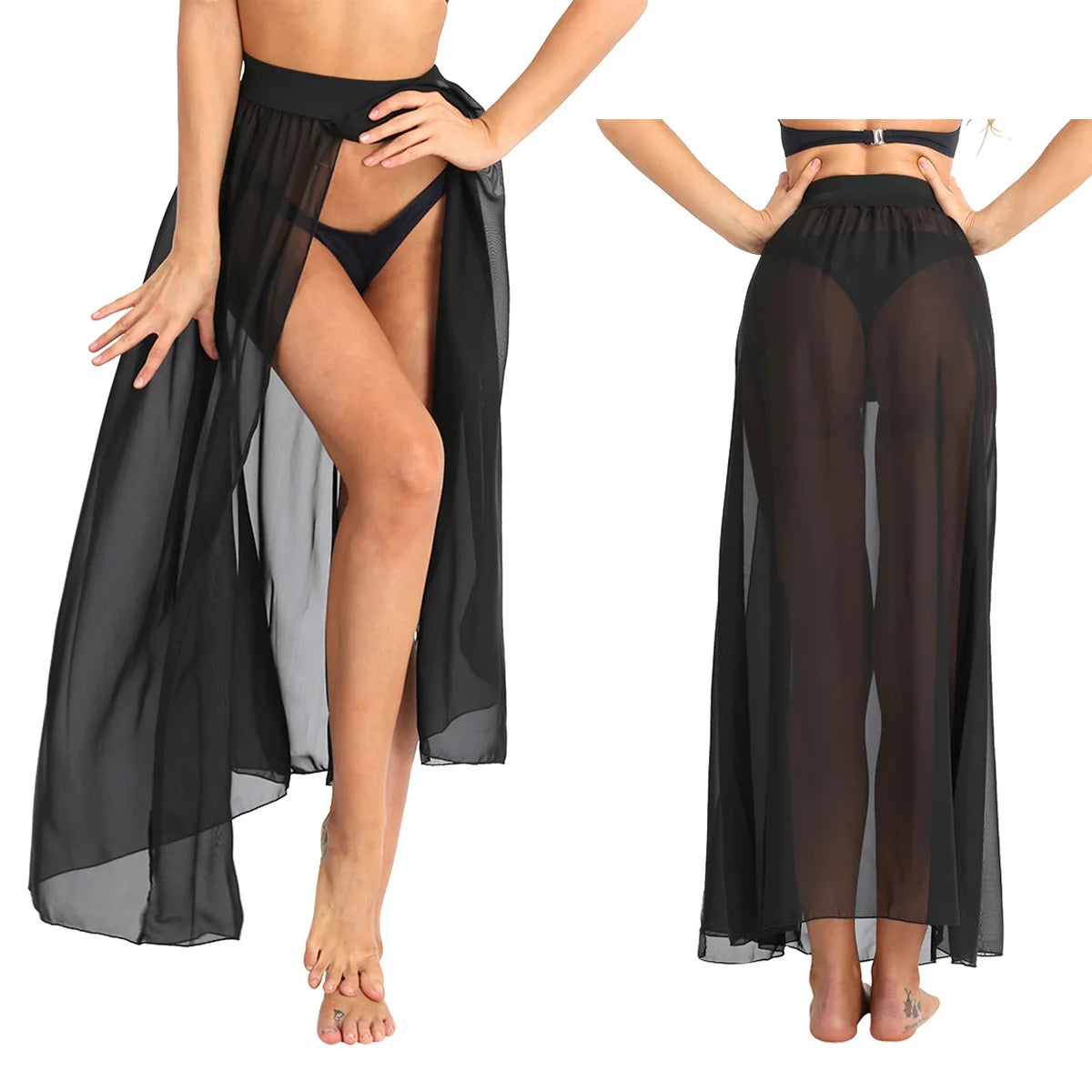 Sexy Women Sheer See Through Chiffon Maxi Skirts High Split Flowy Long Skirt Transparent Bikini Cover Up Bottoms Pool Party Club