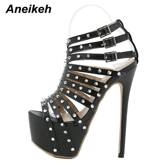 Aneikeh Summer Gladiator Rivet Women High Sandals Sexy Stripper 17.5CM Thin Heels Shoes Platform Fashion Narrow Band Pumps