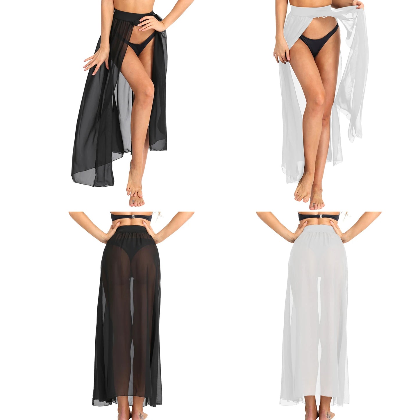 Sexy Women Sheer See Through Chiffon Maxi Skirts High Split Flowy Long Skirt Transparent Bikini Cover Up Bottoms Pool Party Club