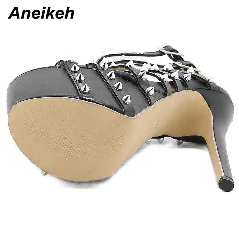 Aneikeh Summer Gladiator Rivet Women High Sandals Sexy Stripper 17.5CM Thin Heels Shoes Platform Fashion Narrow Band Pumps