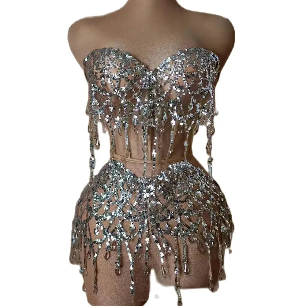 Sparkly Silver Sequins Crystals Short Summer Dress Sexy Stage Transparent Women Evening Birthday Party Dress Singer Show Wear
