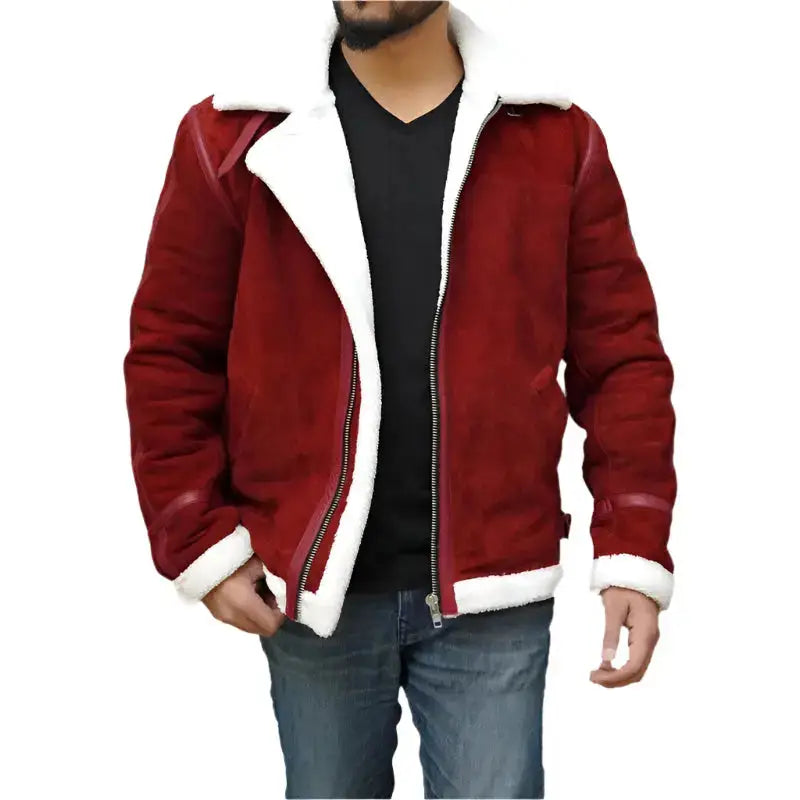Men's Ryan Reynolds Spirited Red Suede Shearling Jacket – Holiday Edition-0