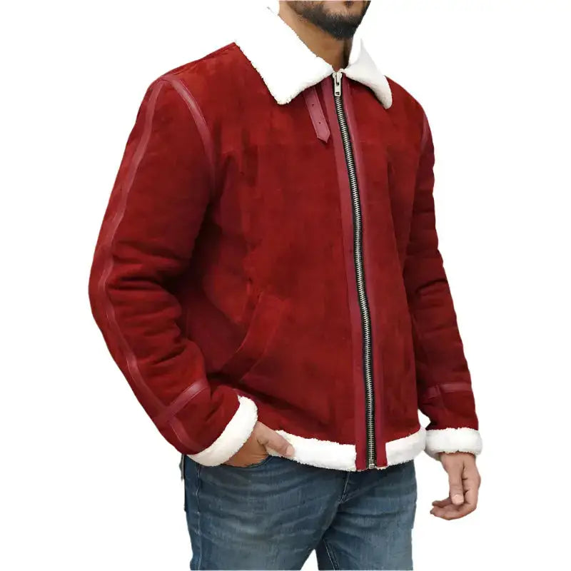 Men's Ryan Reynolds Spirited Red Suede Shearling Jacket – Holiday Edition-1