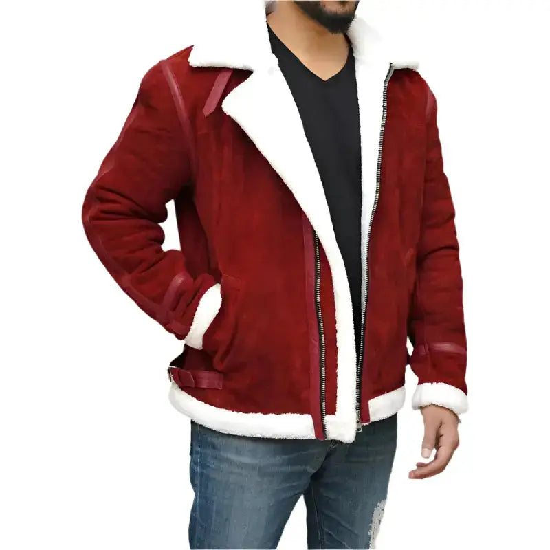 Men's Ryan Reynolds Spirited Red Suede Shearling Jacket – Holiday Edition-3