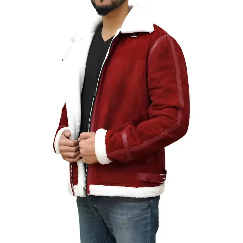 Men's Ryan Reynolds Spirited Red Suede Shearling Jacket – Holiday Edition-2